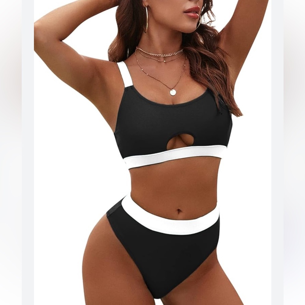 Women’s swimwear Bathing Suit Black White Two Piece Bikini Swimsuit NWT Size L